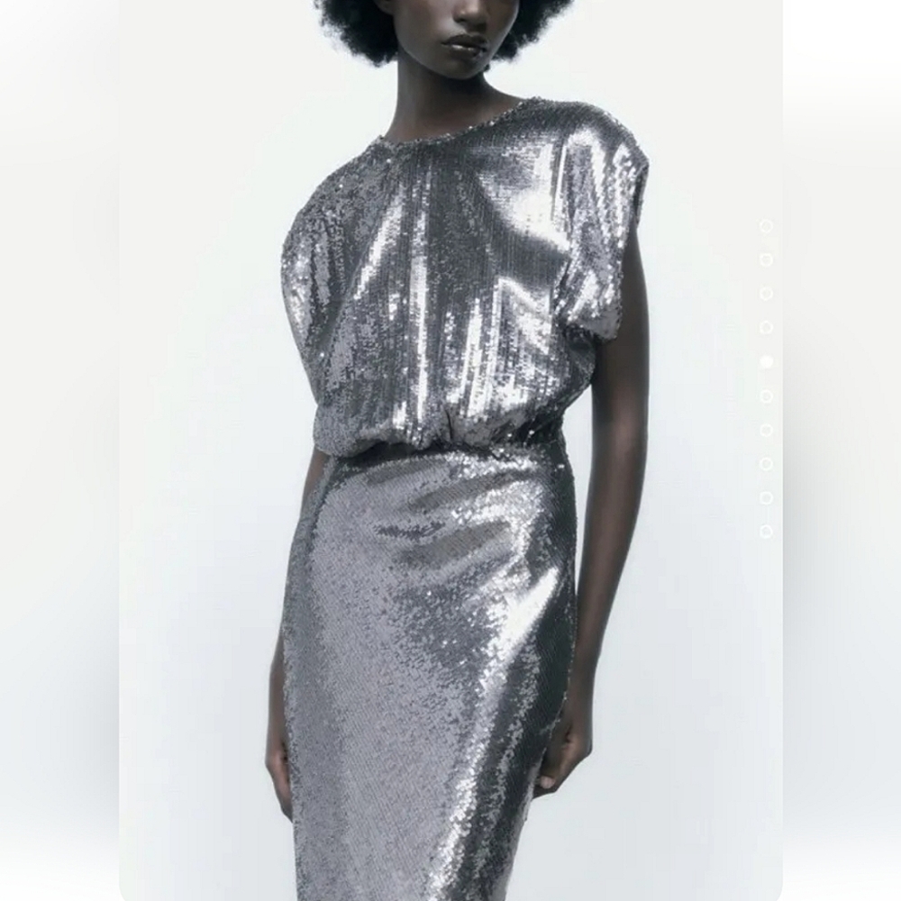 Zara SEQUIN SILVER LONG DRESS GOWN Size S - Picture 9 of 16
